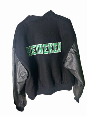 Heineken Heavy Wool & Leather Embroidered Black Varsity Jacket Size L NEW W/TAGS